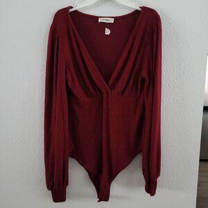 NWT ee:some Maroon Bodysuit | Size Large | V-neck Longsleeve Ribbed Knit